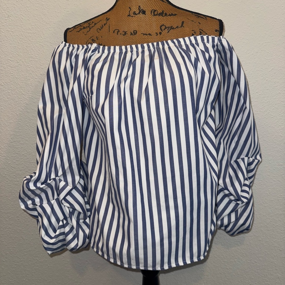 Style Envy Blue and White Striped Off-Shoulder Top | Size XLarge